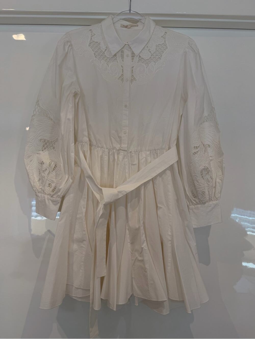 Maje White Embroidered Lace-Yoke Shirt Dress